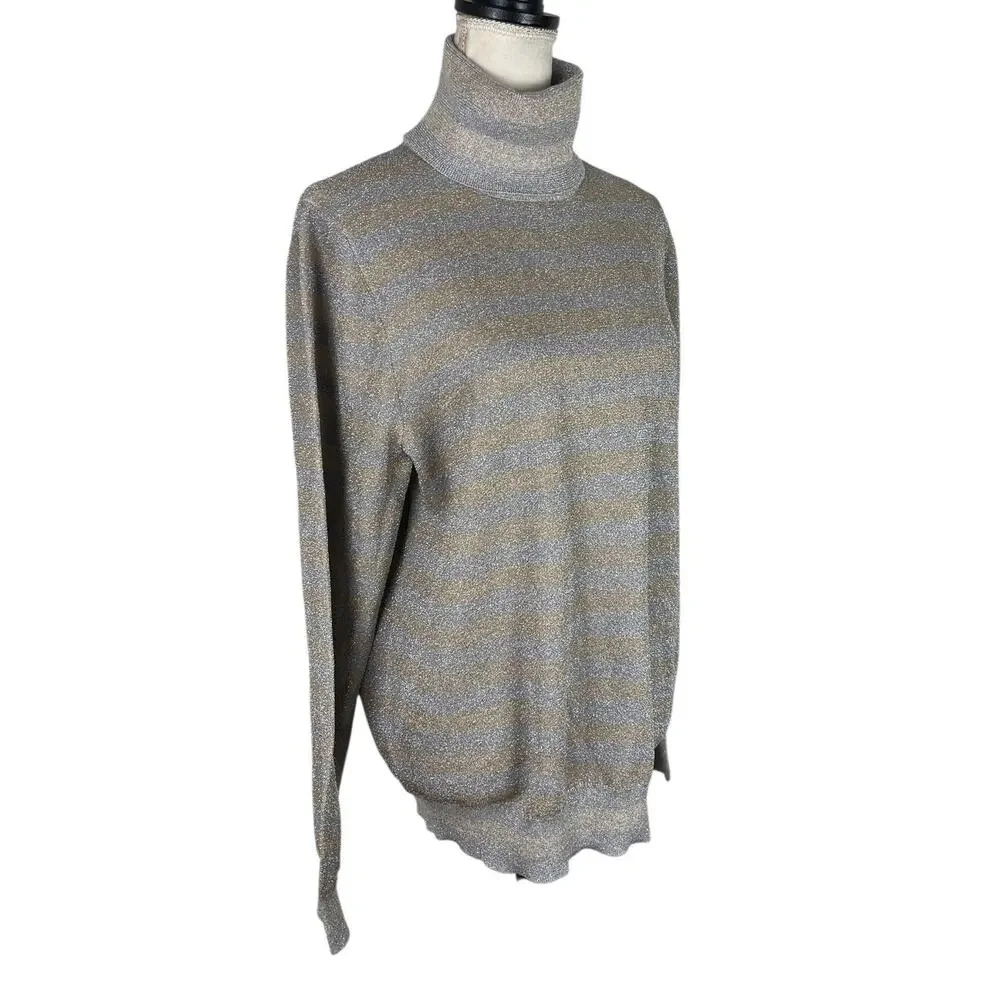J. Crew Turtleneck Sweater Cotton Metallic Gold Silver Striped Size Large NEW - Picture 4 of 9